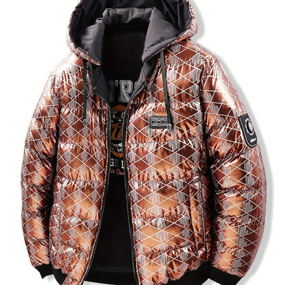 Men'S Stylish Hooded Winter Jacket - Thickened, Warm, and Trendy with Geometric Pattern, Black with Orange Accents, Polyester Filler, Perfect for Cold Weather, Winter Jacket Hooded