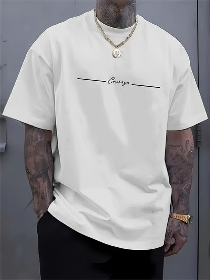 Men'S Casual Crew Neck T-Shirt with Trendy English Print, 95% Polyester 5% Elastane, Slight Stretch Knit Fabric, Regular Fit, Summer Wear - MBDMBD