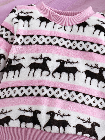 2pcs Girls' Cute Deer Print Fashionable Thick Flannel Set for Autumn/Winter, Soft and Comfortable Warm Outfit, Versatile Casual Attire with Outdoor Activities, Winter Clothing, Autumn Fashion, Stylish Kids' Wear, Playful Desi