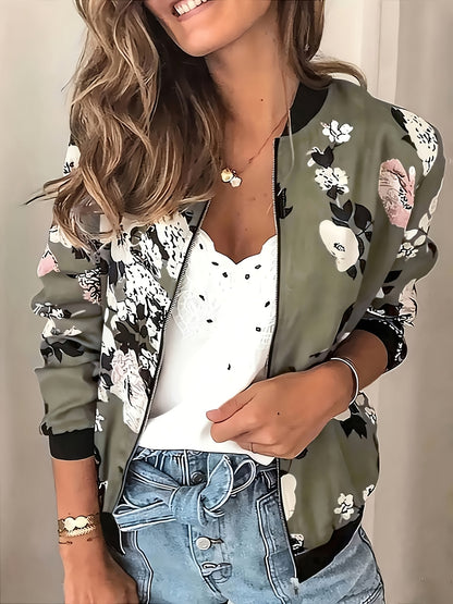 Plus Size Women'S Floral Print Zip-Up Jacket