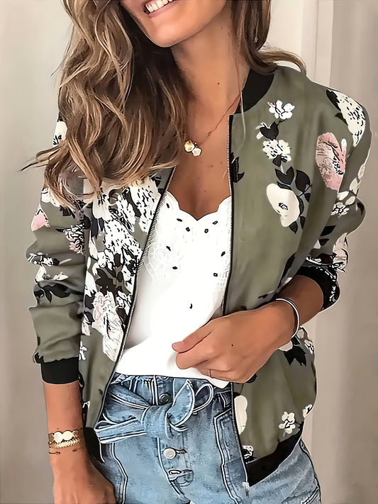 Plus Size Women'S Floral Print Zip-Up Jacket