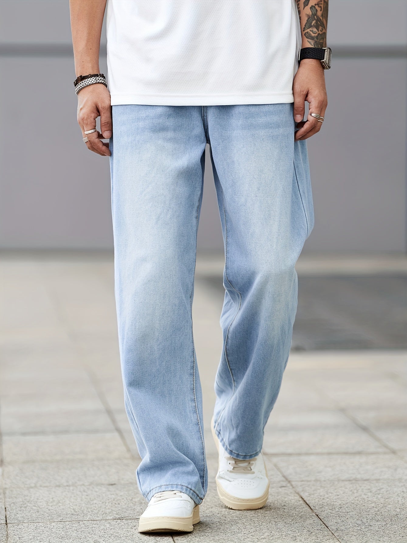 Men's Loose Fit Wide Leg Jeans, Men's Stylish Comfy Denim Pants, Versatile For Four Seasons
