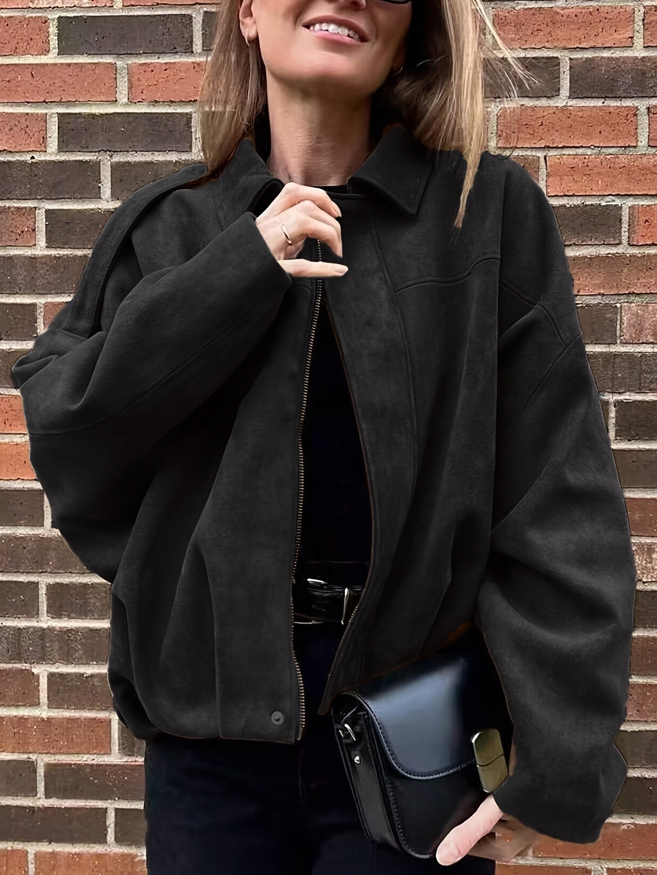 Կանացի վինտաժային բոմբեր բաճկոն - ազատ չափի երկար թևքով, կայծակաճարմանդով և իջեցված ուսերով, շագանակագույն առօրյա վերնազգեստ աշուն/ձմեռ համար, չձգվող գործվածք, իդեալական է առօրյա հագուստի համար, աշուն-ձմեռ բաճկոն | Վինտաժային բոմբեր ոճ | Zipp