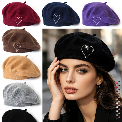 Women's Wool Beret Hat with Rhinestone Heart - Lightweight Warm