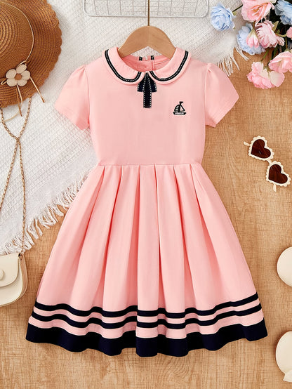 Girls' Summer Preppy Bow Dress with Sailor Collar and Pleated Skirt