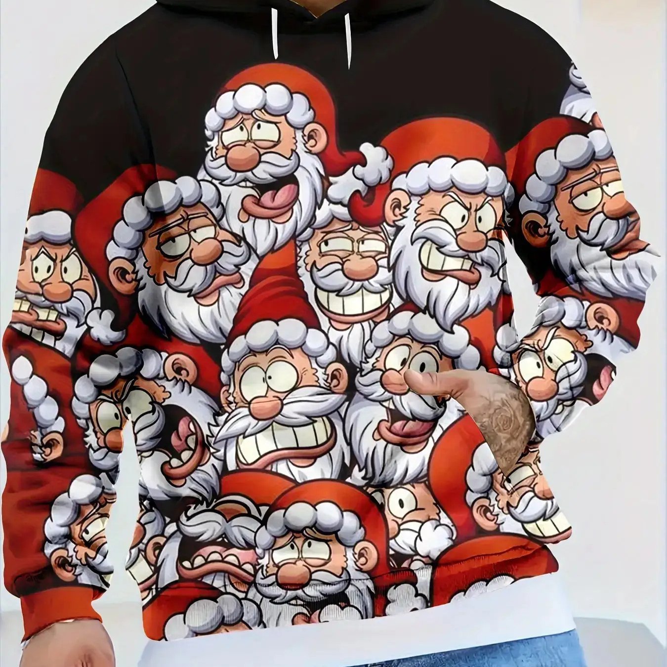 Men'S Christmas Hoodie with Santa Claus & Reindeer Print - Warm Winter Pullover, Kangaroo Pocket, Machine Washable, Festive Red & White Holiday Party Outfit, Regular Fit Long Sleeve Hoodie - Ideal Christmas Gift for Men, Plus