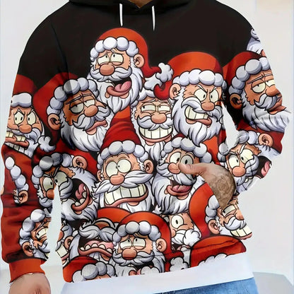 Men'S Christmas Hoodie with Santa Claus & Reindeer Print - Warm Winter Pullover, Kangaroo Pocket, Machine Washable, Festive Red & White Holiday Party Outfit, Regular Fit Long Sleeve Hoodie - Ideal Christmas Gift for Men, Plus