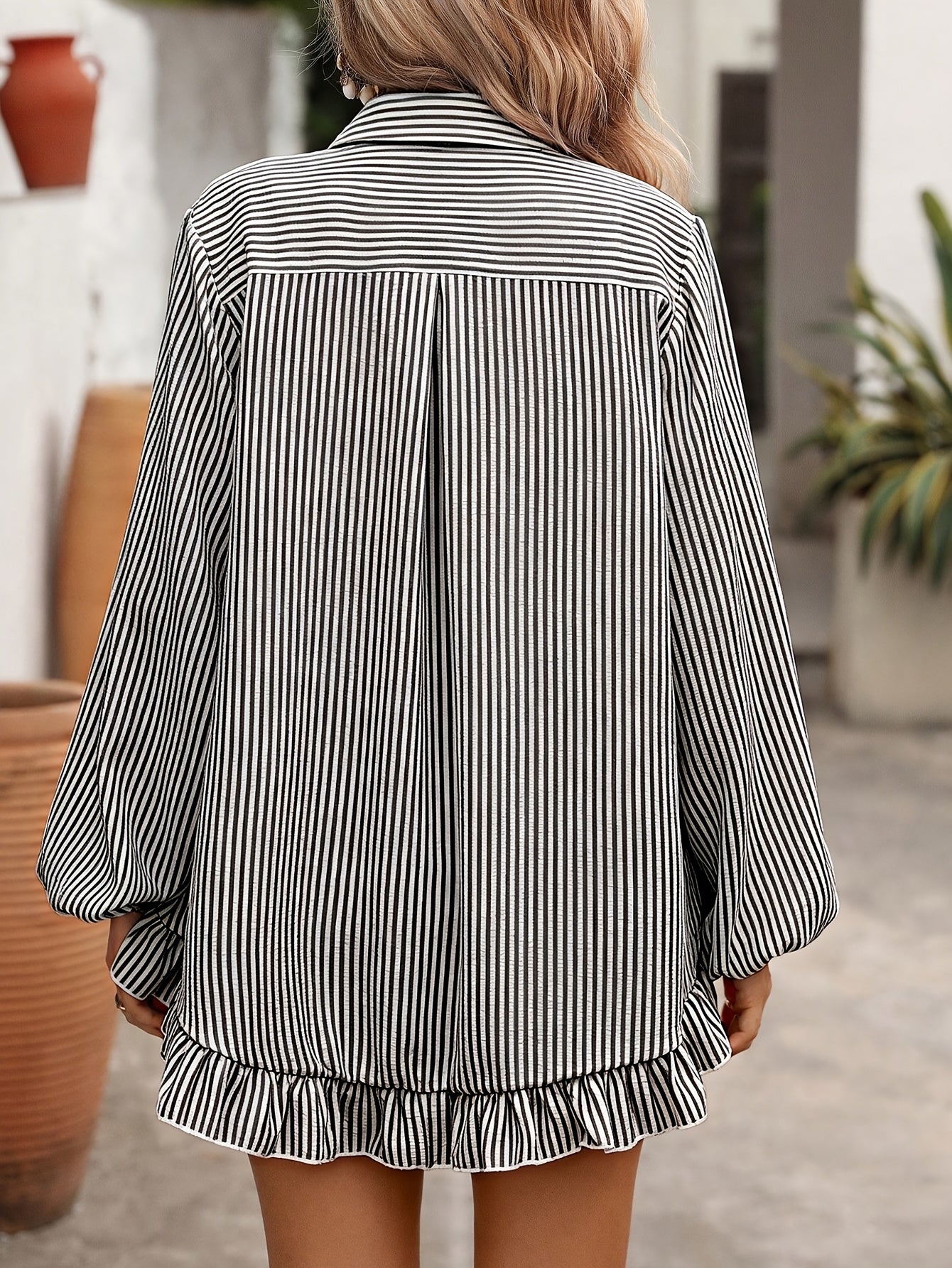 Women's Striped Bubble Crepe Button-Down Shirt & Shorts Set