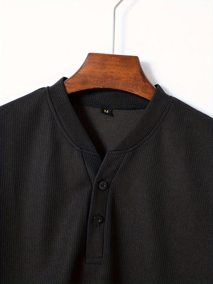 Men's Solid Waffle Stand Collar Short Sleeve Golf Shirts, Casual Style Slight Stretch Regular Fit Summer Tops, Summer Golf Shirts