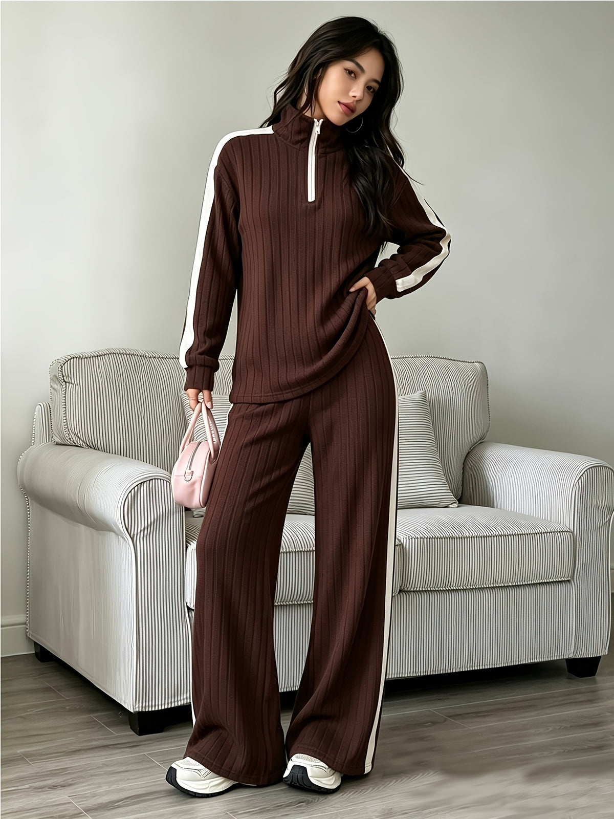 Women's Fall/Winter 2-Piece Casual Ribbed Loungewear Set - ayq