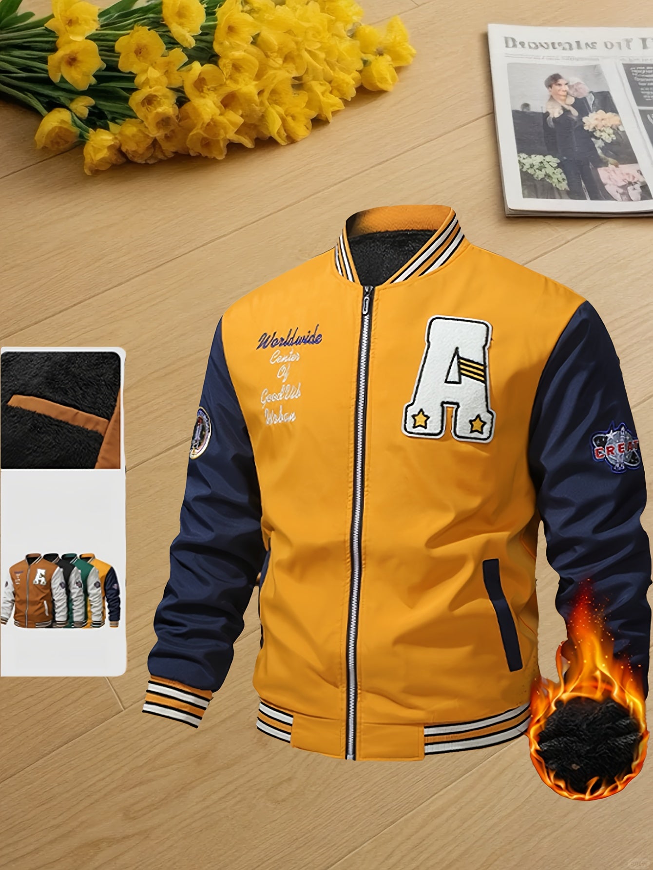 Men's Thermal Insulated Full-Zip Baseball Jacket with Full-Zip Closure - Heavyweight Winter Coat, Brown/White colorblock, Lining - Streetwear Outerwear for Casual & Formal Events - Compatible with Hoodies & Jackets (Men's Fas