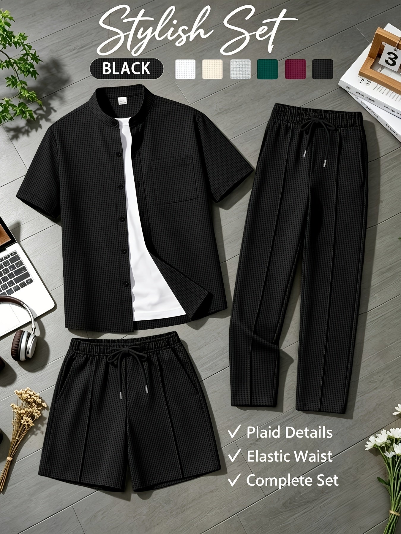 Men's Casual Mandarin Collar Short Sleeve Shirt and Drawstring Pants