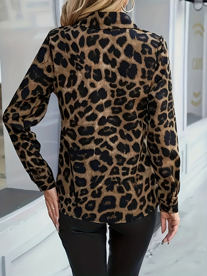 Women'S Elegant Leopard Print Blouse - Long Sleeve Button-Up Shirt with Open Collar, Non-Stretchy Fabric for Fall/Winter, Office, Party, Everyday Outfits - Chic Animal Print Tops for Women, Party Attire, Sophisticated Style,