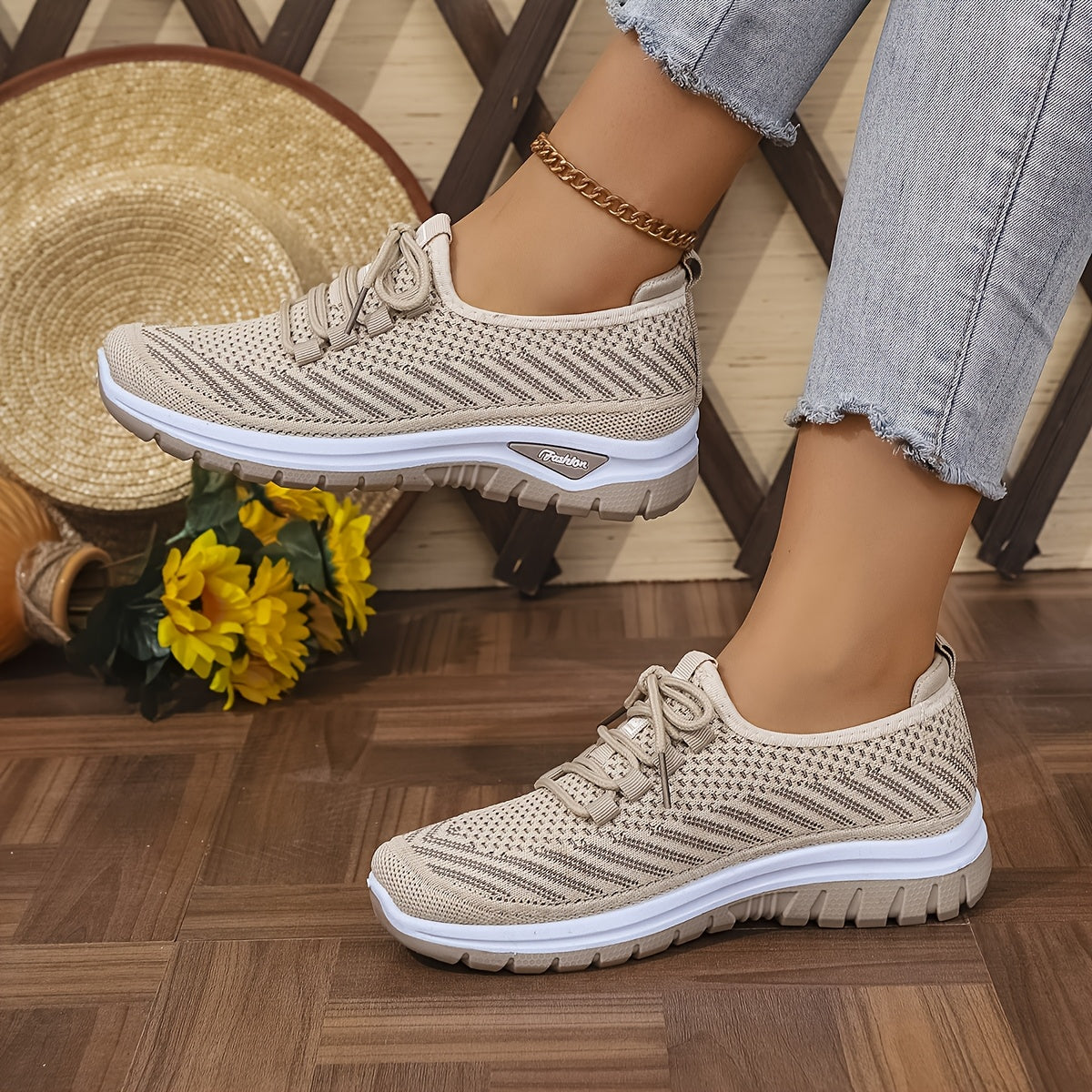 Women'S Knit Casual Sneakers - Stylish Striped Weave Pattern, Breathable Non-Slip Comfort Shoes with Rubber Sole for Outdoor Wear