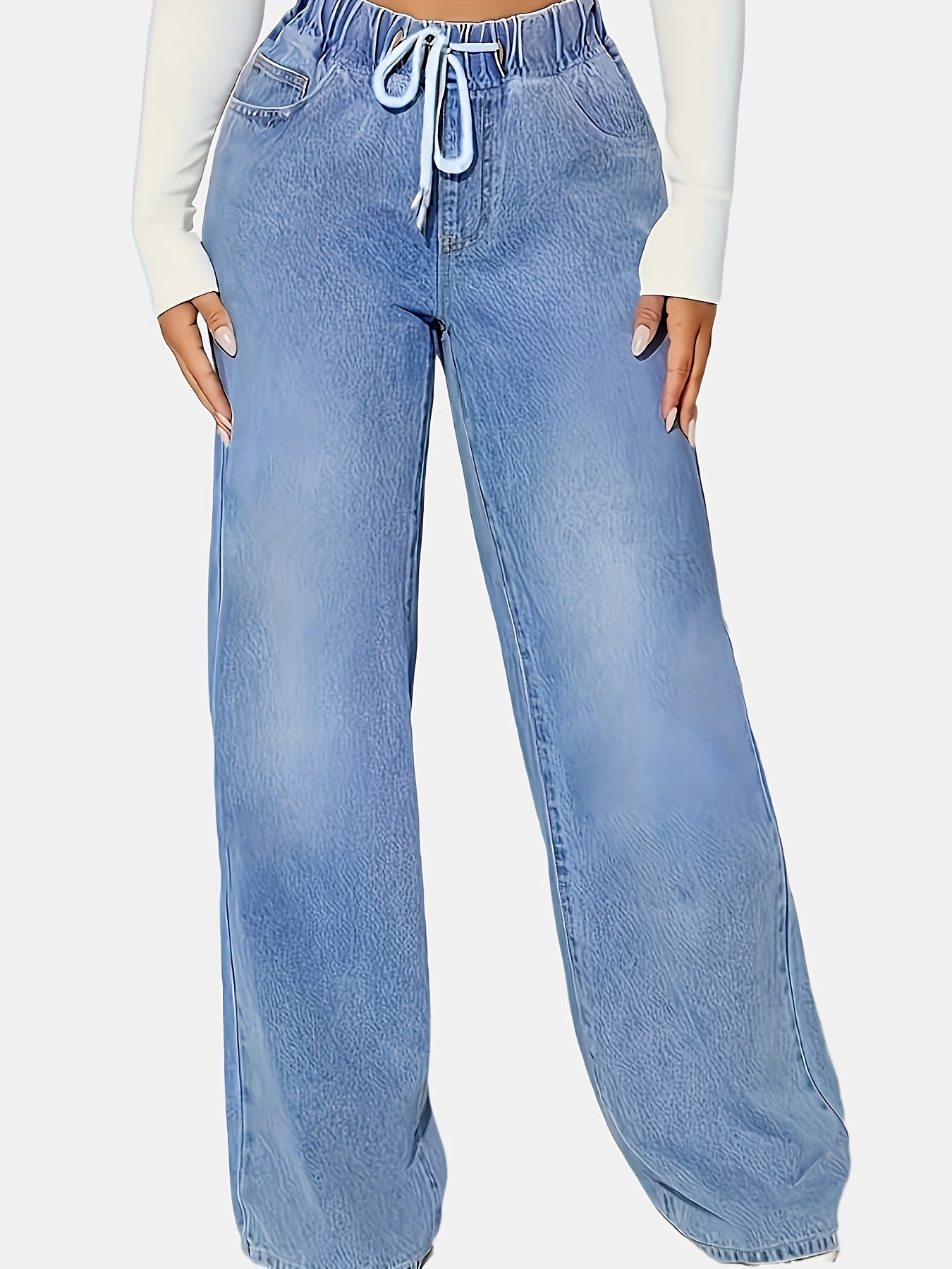 Ladies' Light Blue Elastic Waist Drawstring Washed Stretchy Elegant Straight-Leg Wide-Leg Jeans with Slant Pockets.