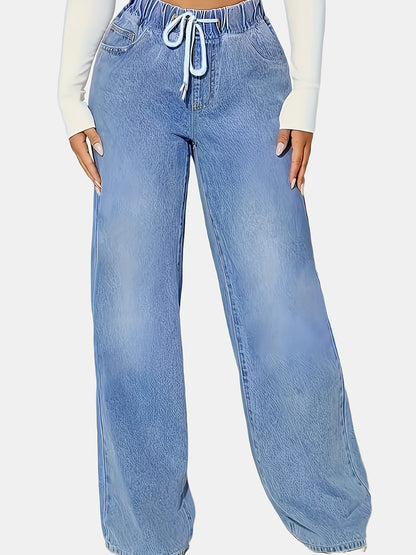 Ladies' Light Blue Elastic Waist Drawstring Washed Stretchy Elegant Straight-Leg Wide-Leg Jeans with Slant Pockets.