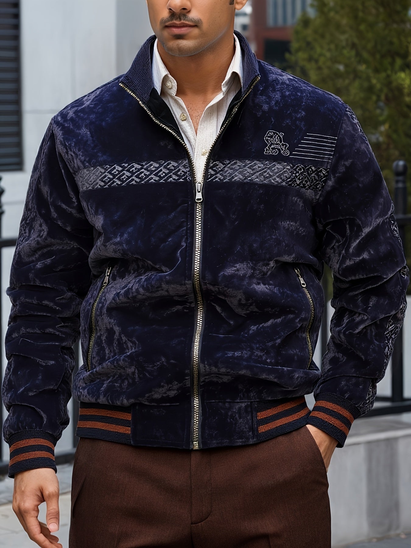 Men's Winter Fleece Jacket with Ribbed Cuffs and Stand Collar