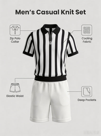 Men's Striped Half-Zip Knit Polo & Elastic Waist Shorts Set
