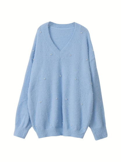 Մեծ չափս - Կանացի հարմարավետ դեղին V-ձև օձիքով սվիտեր՝ մարգարիտ կոճակներով և բրդյա եզրերով թևքերով - Ասիմետրիկ եզր, երկրաչափական նախշ, առօրյա ձմեռային սվիտեր առօրյա հագուստի համար, Ձմեռային հագուստ | V-ձև օձիքով սվիտեր | Մարգարիտ կոճակների մանրամասներ, Sw