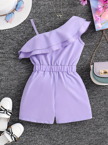 Girls White Rompers One Shoulder Ruffles Jumpsuits Մանկական ամառային հագուստ