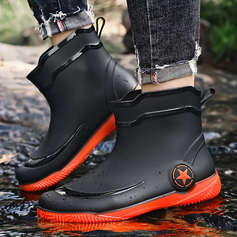 Men's Slip-On Rubber Rain Boots with Thick Sole - Mid-Calf