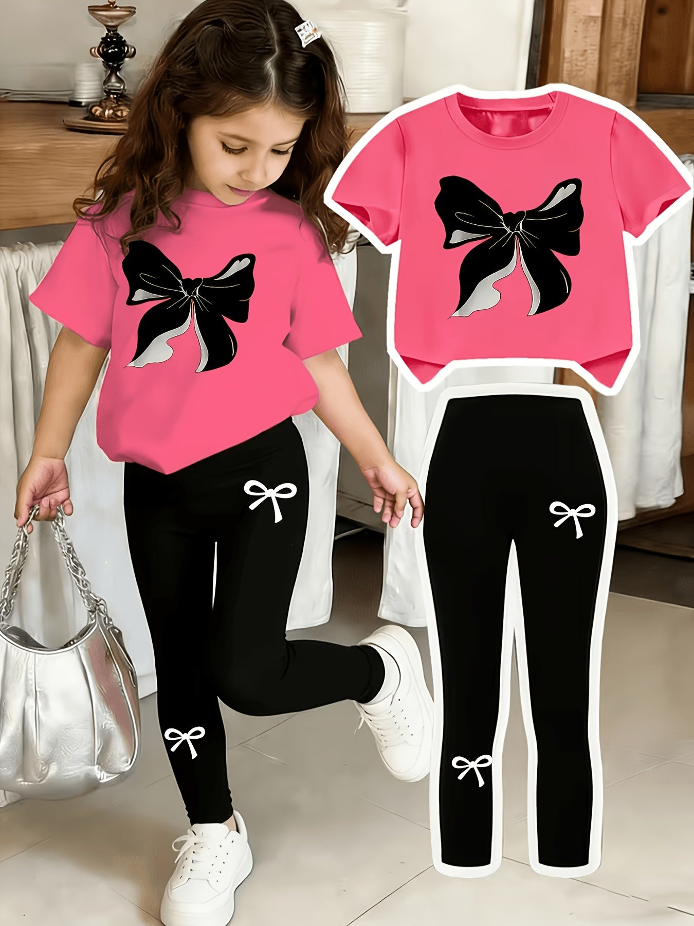 Girls Black Bow Print Top & Leggings Set, Summer Casual