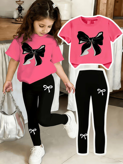 Girls Black Bow Print Top & Leggings Set, Summer Casual