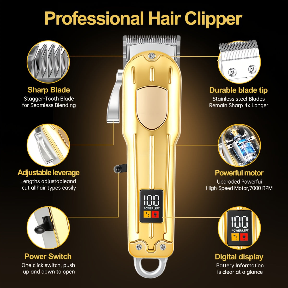 One Piece of a Golden Electric Hair Clipper for Men, Featuring a Professional-Grade Design with an Adjustable Serrated Blade, Four Comb Attachments of Varying Sizes, USB Charging Capability - ayq