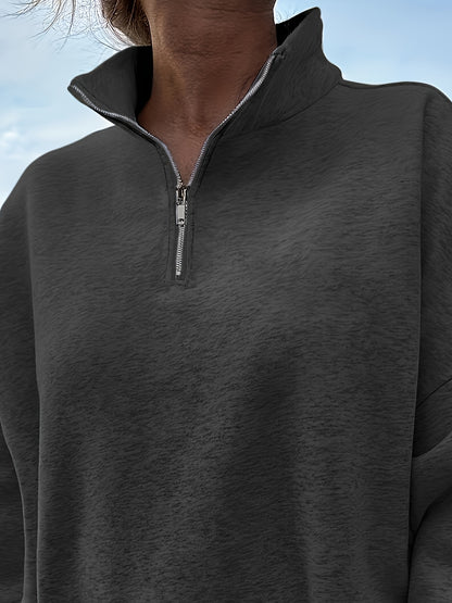 Women's Casual Heather Gray Half-Zip Sweatshirt - Soft Polyester & Elastane Blend, Long Sleeve, Stand Collar, Machine Washable - Perfect for Spring/Fall