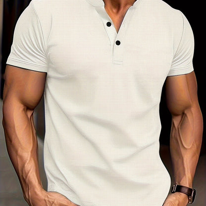 Men's Solid Waffle Stand Collar Short Sleeve Golf Shirts, Casual Style Slight Stretch Regular Fit Summer Tops, Summer Golf Shirts