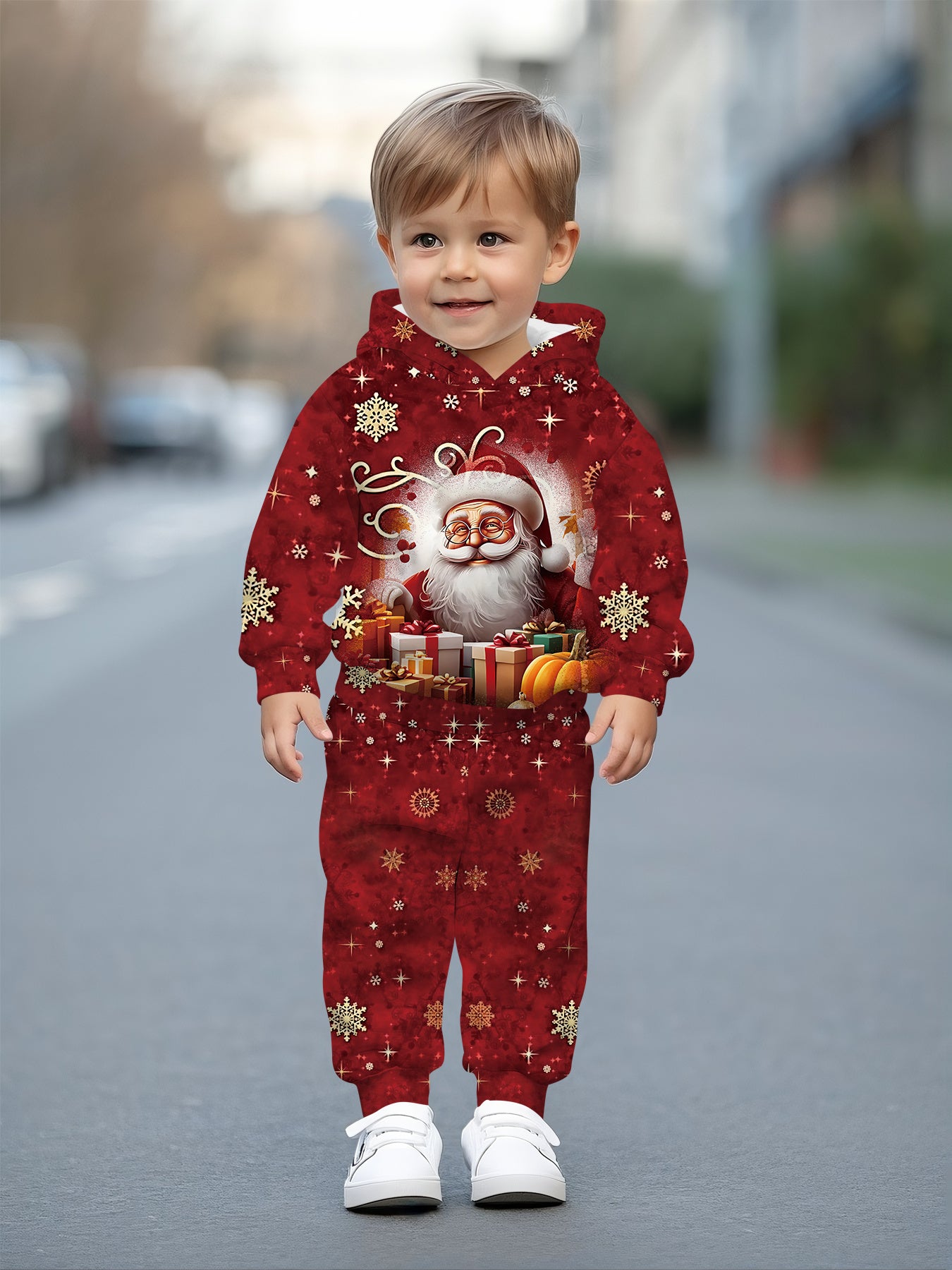 2pcs Boys' Santa Claus & Gifts Print Hooded Sweatsuit Set - Warm Winter Outfit with Matching  & Sweatpants, Cozy Christmas Outwear for Boys, Machine Washable Clothing Gift (Autumn/Winter), Perfect for Outdoor