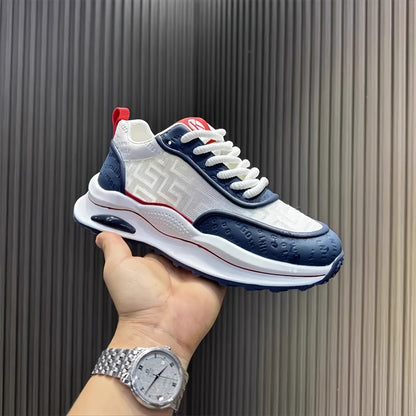 Men's Lightweight Breathable Low-Top Sneakers - PU Upper  PVC Sole, White/Navy/Red Accents, Lace-Up Round Toe for Casual, Outdoor, Running  Gym - All-Season Comfort Shoes, Casual Footwear, Geometric Pattern, Comfortable Fit