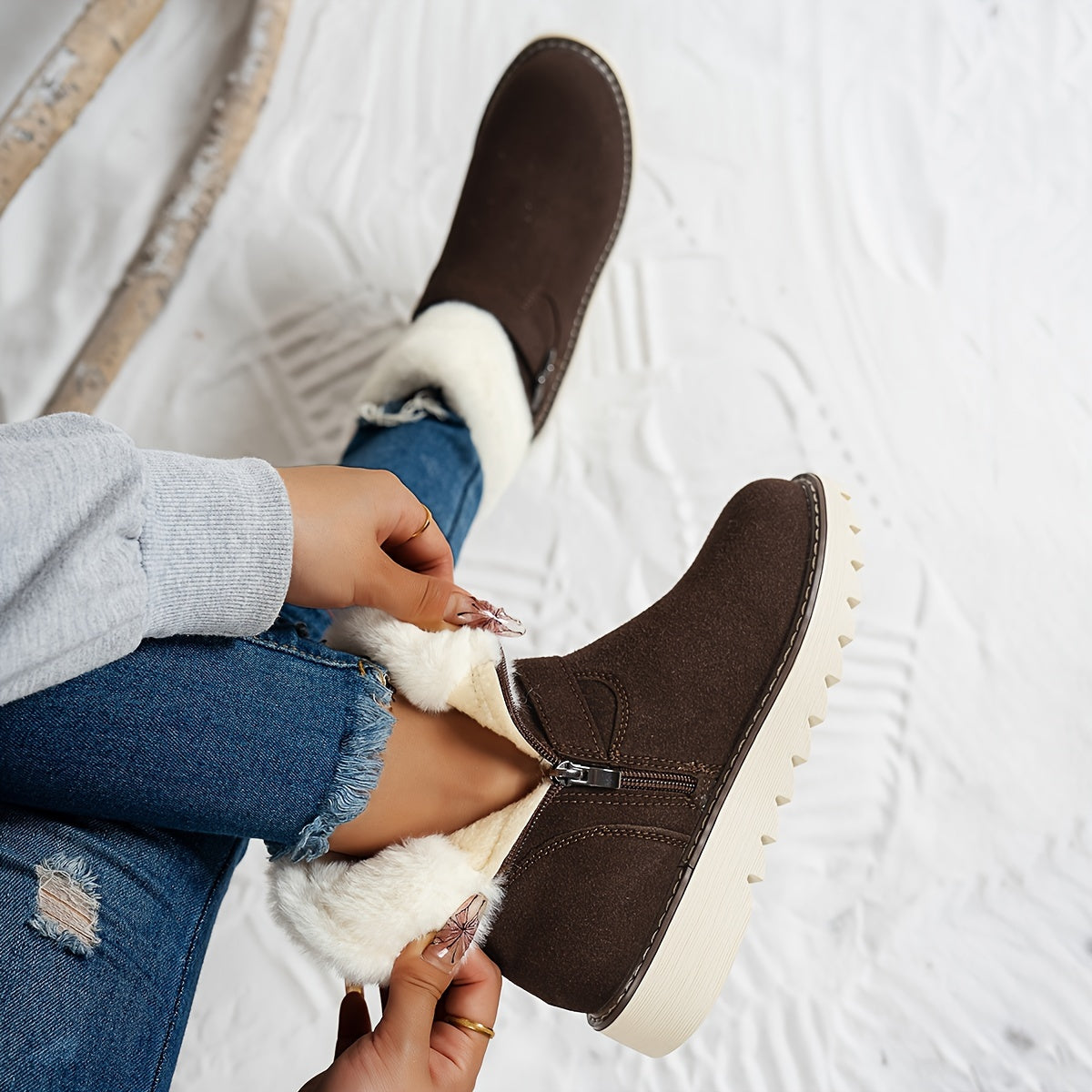 Women's Winter Snow Boots with Plush Faux Fur Collar & Buckle Closure - Round Toe TPR Sole Slip- Warm Ankle Boots, Soft Fabric Upper & Lining, Black/White/Beige/Coffee Brown - Casual & Formal Winter Footwear for Snow & Ice -