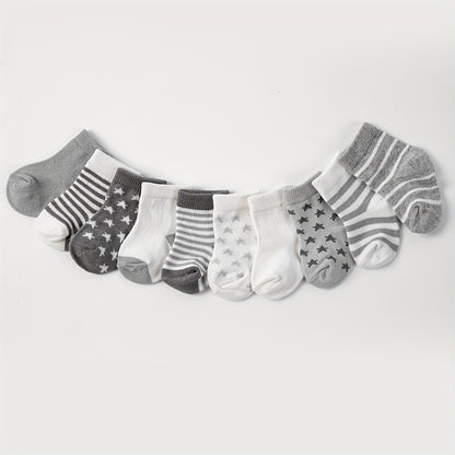 10 Pairs Of Baby Boy's Striped Knitted Socks, Breathable Sweat-absorbing Comfy Soft Casual Simple Style Socks All Seasons Wearing For Kid's Outdoor Wearing