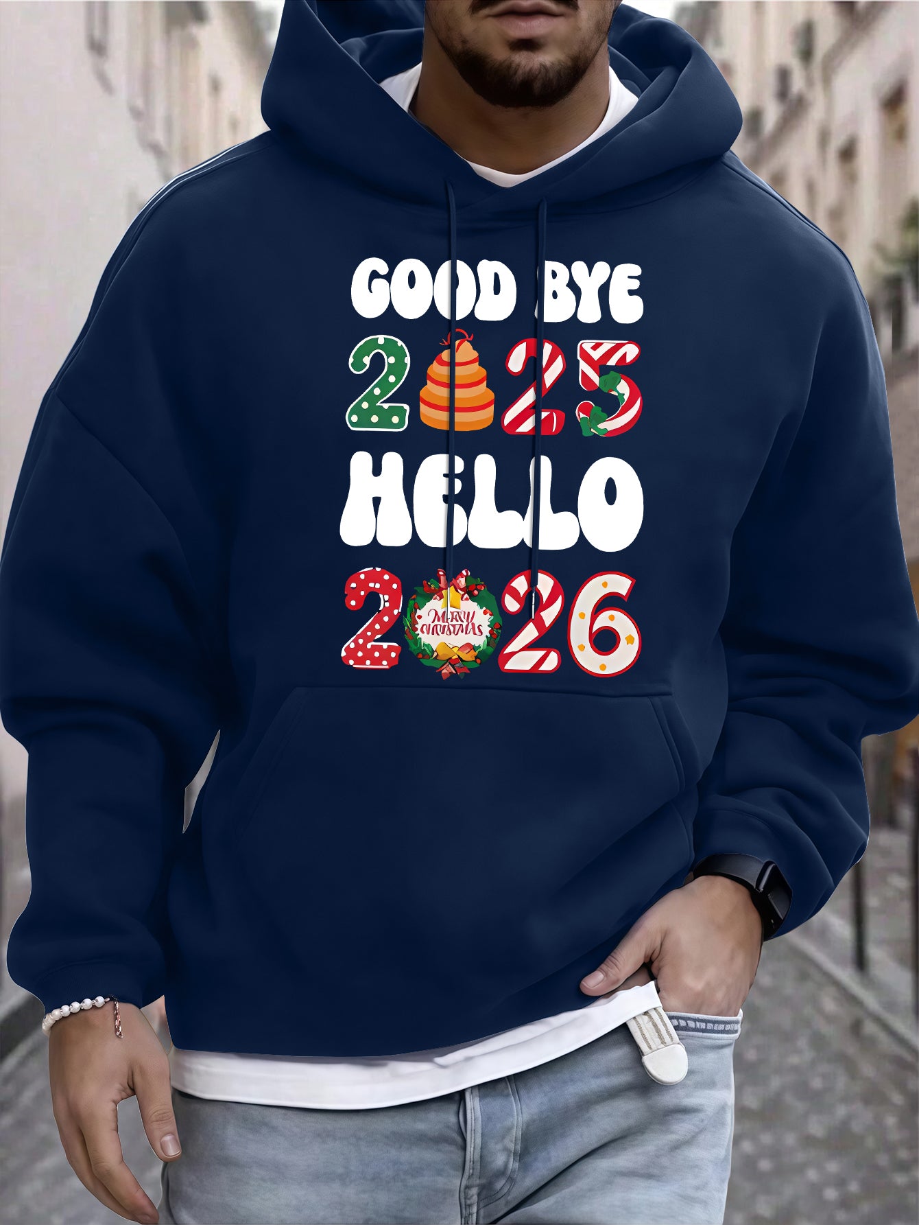 Men'S Casual Hooded Sweatshirt with "Goodbye 2025 Hello 51.46meter Print - Pullover with Colorful Lettering, Regular Fit, Winter Warmth, Casual Wear Hoodie|Casual Style Hoodie|Comfortable Fit Hoodie