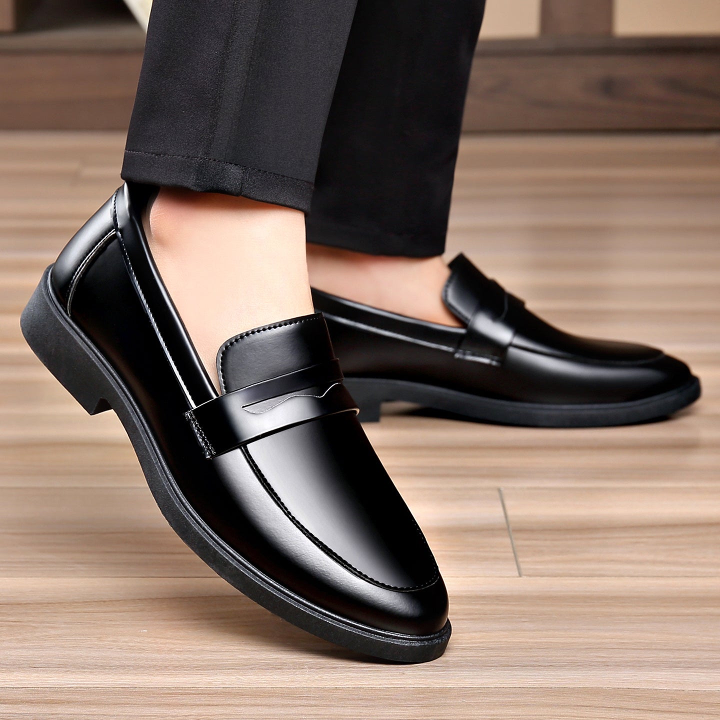 Men's Glossy Slip-On Formal Dress Shoes Low-Top PU Leather