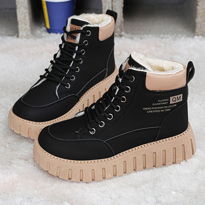 Women's Warm Boots - Heavy-Duty PU Coated Texture, Lace-Up Ankle Boots, Thick Sole Height Increase and Non-Slip Rubber Sole - Beige/Brown Options, Elegant Winter Boots for Women, Shiny Black Winter Boots with Beige Plush Lini