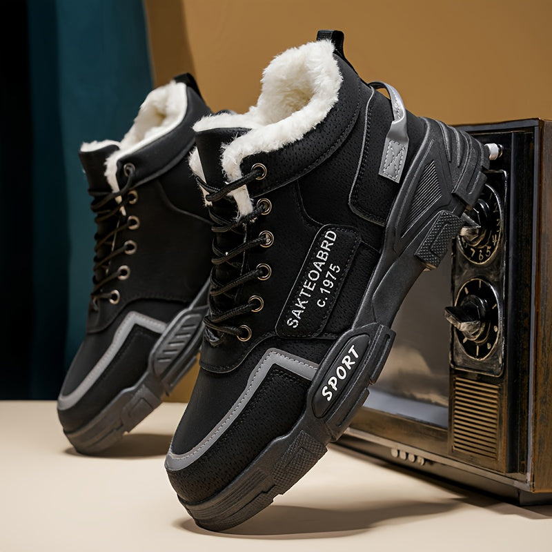 Mid-Top Fleece-Lined Comfortable Warm Gripper Sole Casual Winter Boots for Men and Women, Striped Design. Suitable for Extreme Cold Weather Snowy Conditions with Thick Insulation Lace Closure Anti Slip Durable PVC Outsole Hun