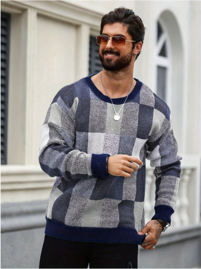 Men'S Casual Plaid Crew Neck Knit Sweater | Loose Fit, Long Sleeve, Fashionable Color Block Design, Suitable for Fall/Winter
