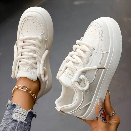 Women's Solid Color Casual Sneakers, Lace Up Platform Soft Sole Walking Shoes, Comfort Low-top Preppy Shoes