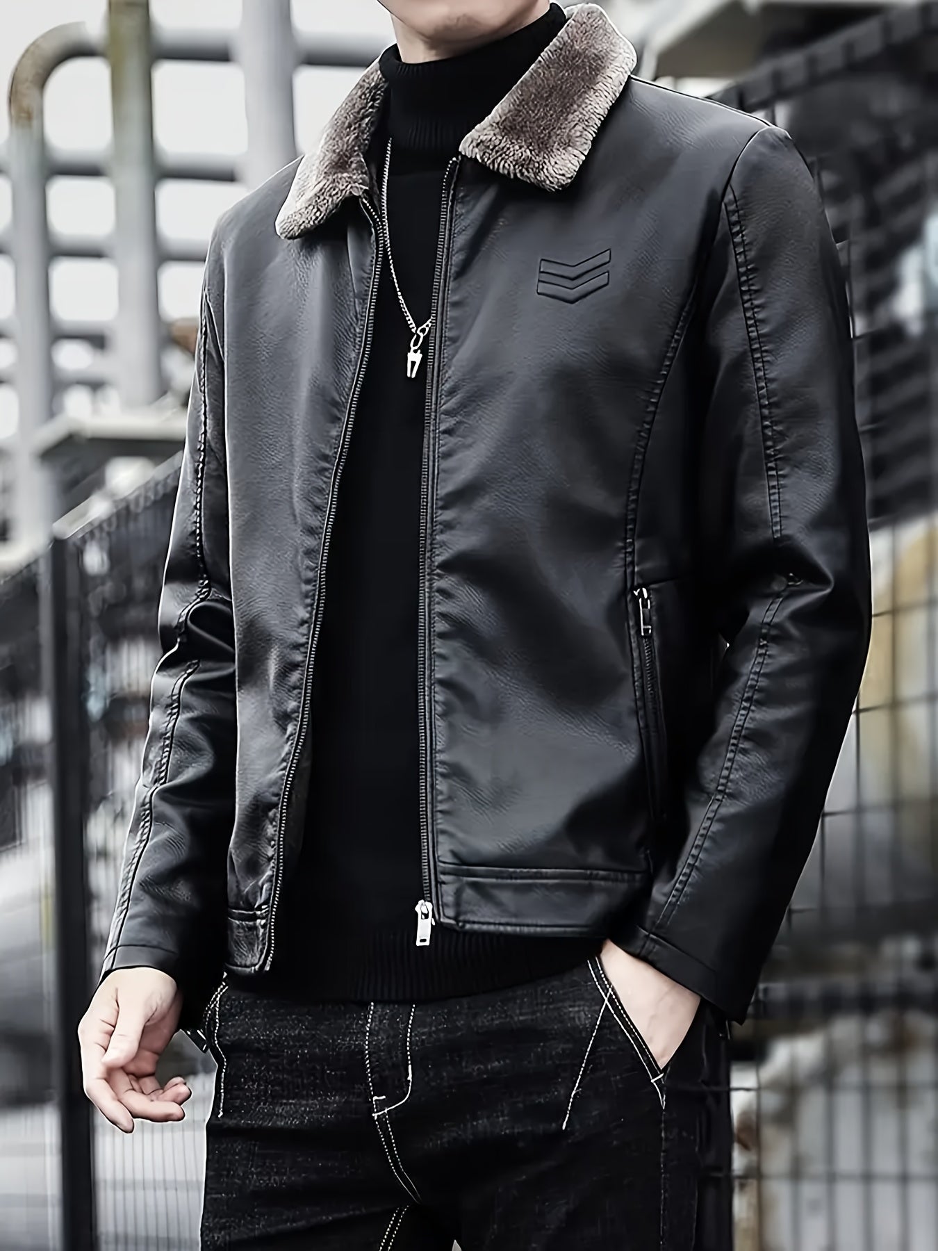 Men's Windproof Winter Jacket with Fleece & Collar, Zippered Pockets, Warm Coat for Skiing, Hiking, Motorcycle Riding - Hand Washable Cold Weather Outerwear (Black/Brown), Winter Clothes Men, Bomber Jackets For Winter, Mens W