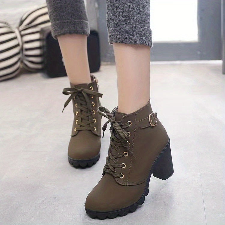 Women's Block Heeled Short Boots, Casual Lace Up Side Zipper Boots, Comfortable Ankle Boots