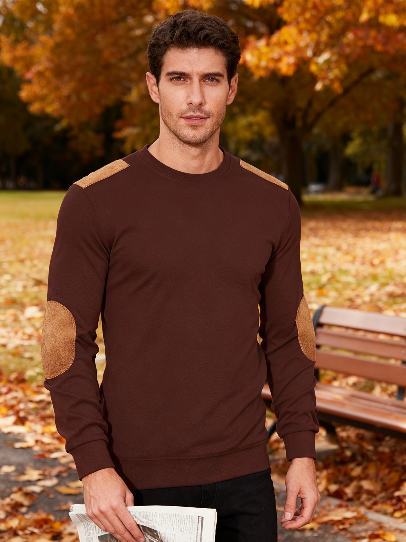 Men'S Classic Fashion Crew Neck Long-Sleeved Top | Light and Comfortable Fabric with Contrast Beige Patches for Enhanced Durability, Regular Fit, Ideal for Daily Leisure, Street Fashion, Outdoor Activities, and Light Fitness