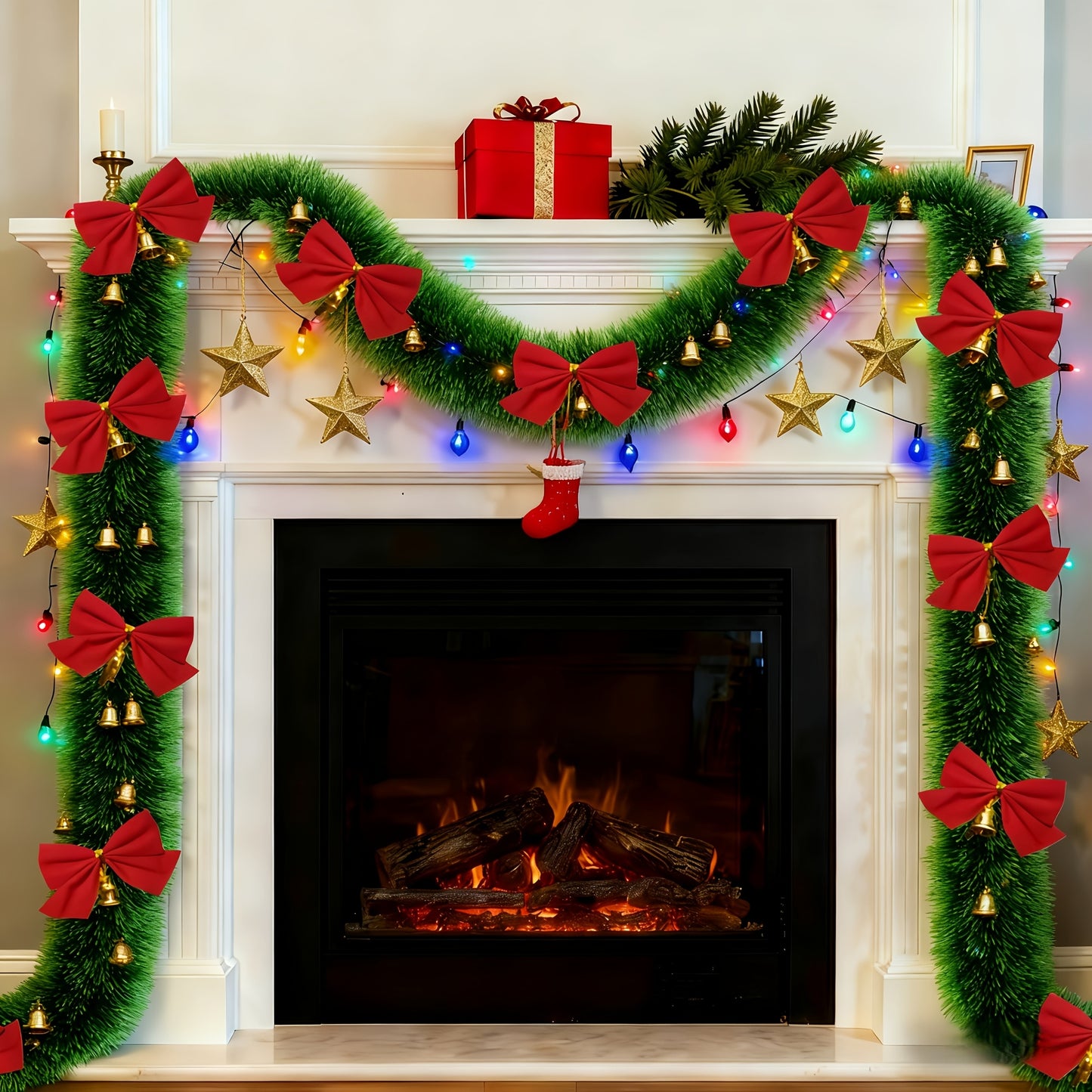 314.96-inch 40pcs Set with Red Bows - Premium Winter Dark Green Christmas Vine Spring Decoration | No Lights - Artificial Plastic Material Metallic Foil Faux Garland Plant | Suitable for Christmas, New Year, Thanksgiving Part