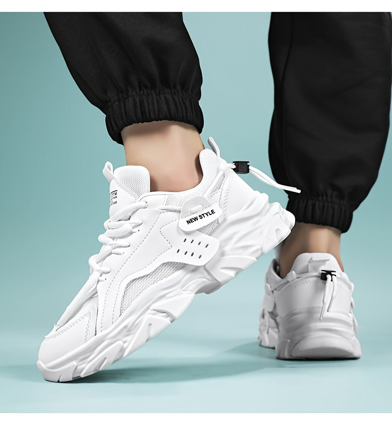 Men's Fashion Chunky Sneakers - Sports & Casual Streetwear Shoes, Solid Color, Non-Slip Lace-Up, Thick Sole, Low Top Fabric Sneakers for All Seasons, Running & Hiking, Universal Fit - Round Toe