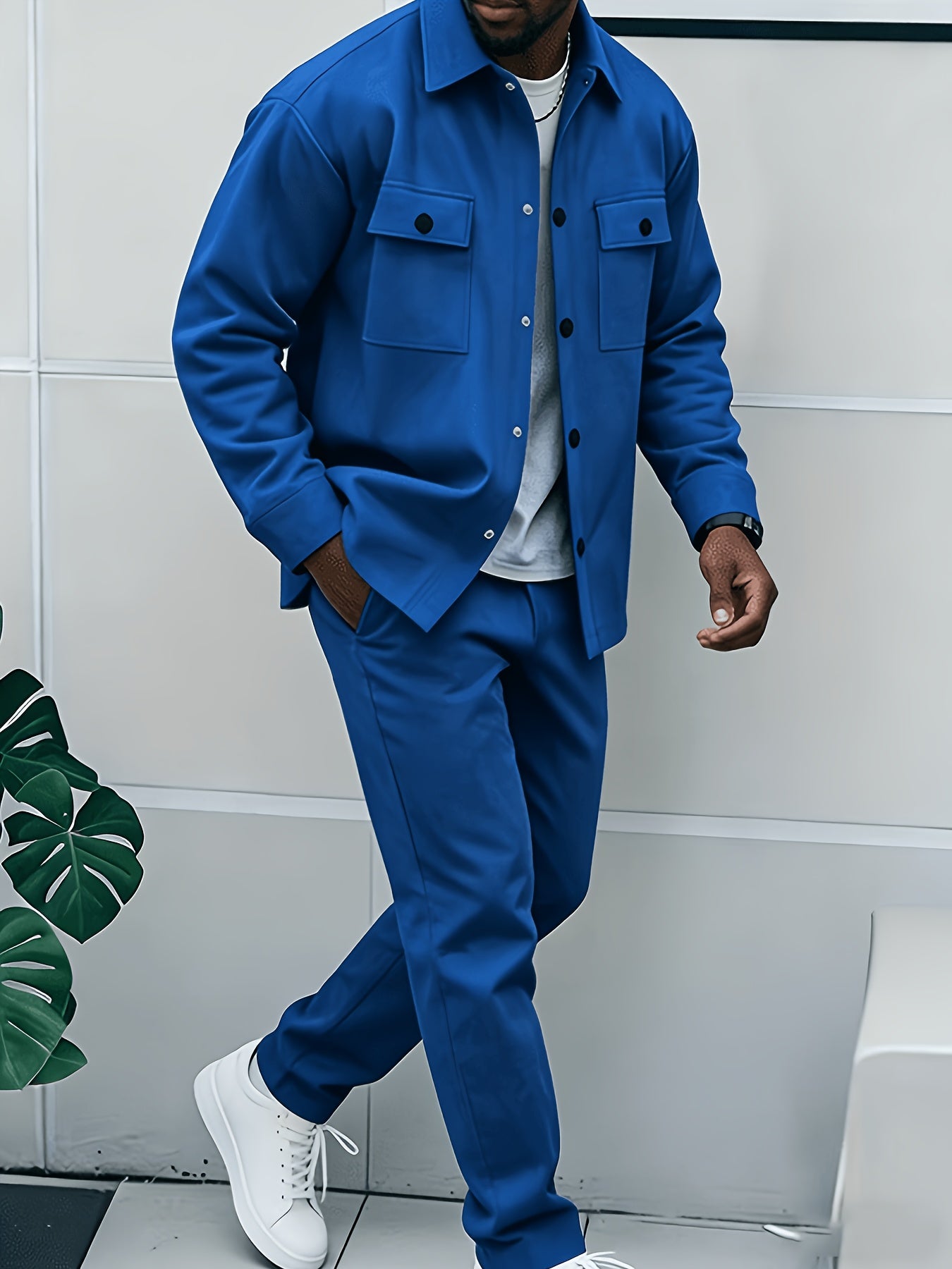 Men's Casual Klein Blue Cargo Jacket and Ankle-Cinch Pants Set