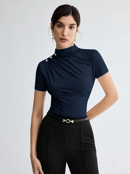 Elegant White Short Sleeve Turtleneck Top with Button Detail - Versatile Summer Blouse for Women, Casual Attire|Minimalist Style|Sleek Fit