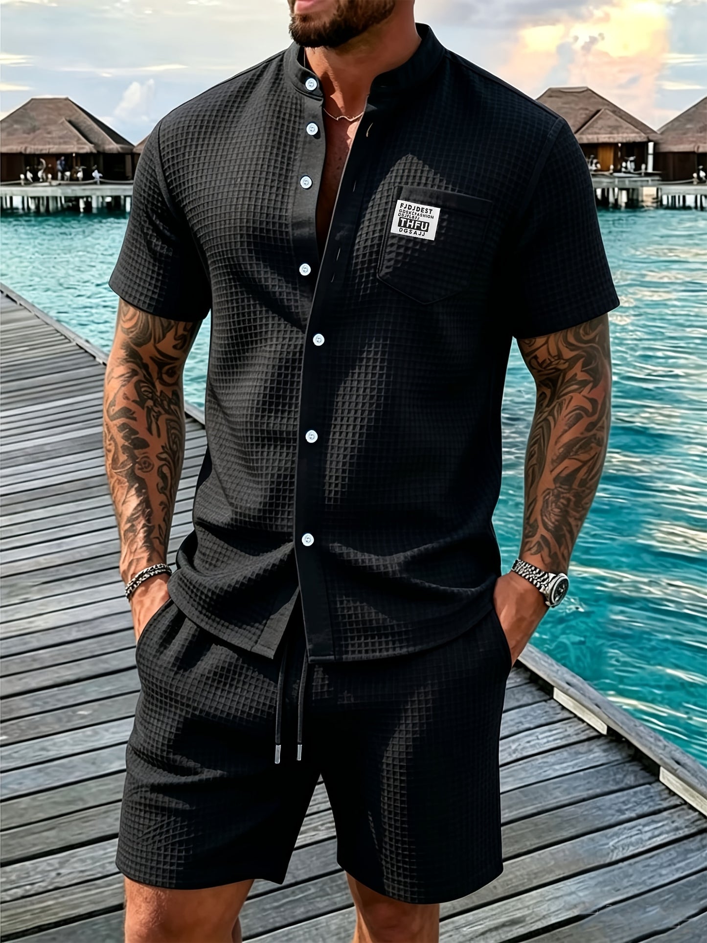 Men's Summer Waffle Knit Shirt & Shorts Set - Casual Sporty Style