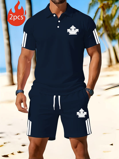 Men's Summer Polo Set with Print, Lightweight Casual Lapel Shirt & Sho