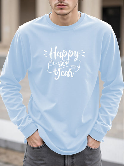 Men'S Happy New Year Graphic T-Shirt - Casual Long Sleeve Crew Neck, White with Black Lettering & Festive Design, Loose Fit for Spring/Fall, Perfect for Casual Attire, Festive Clothing | Festive Graphic Tee | Comfortable Fit